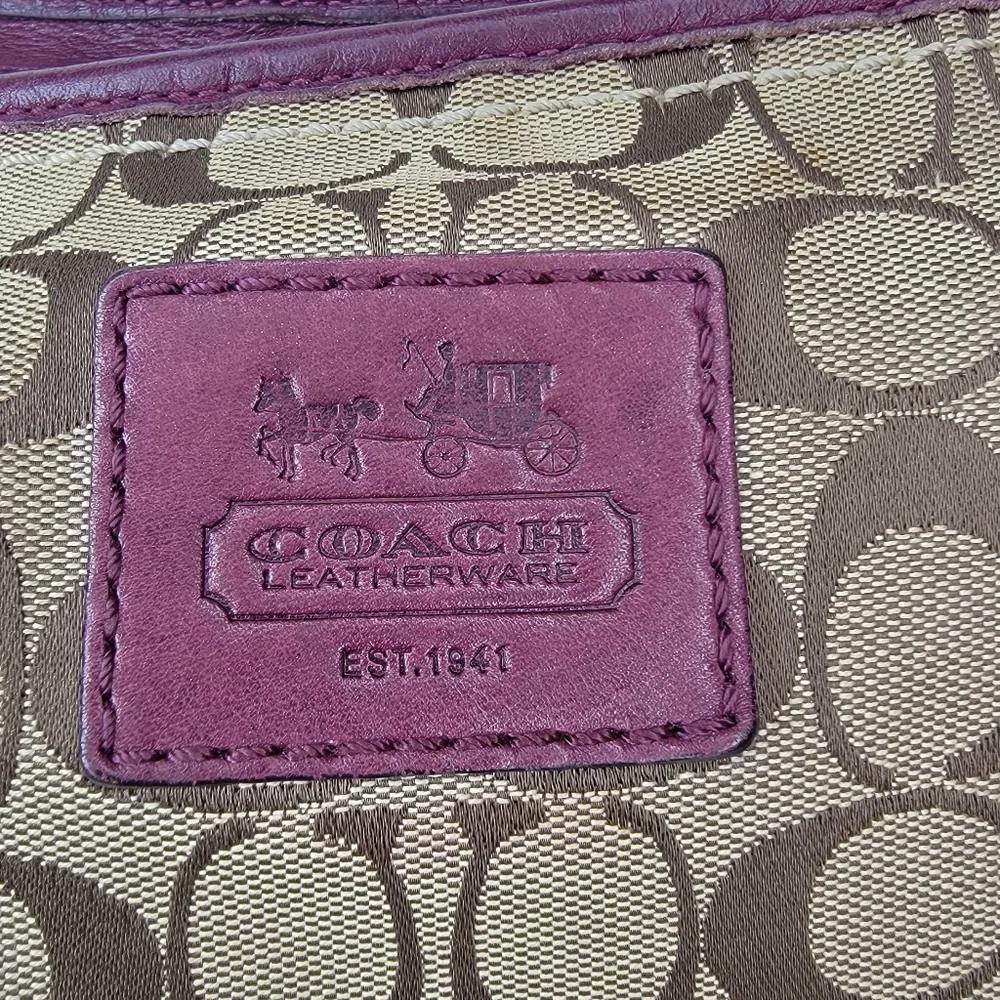 Coach Signature Canvas and Leather Shoulder Bag - Brown‎ and Purple